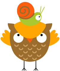 Little snail on the head of a  cute owl