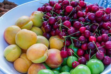 a plate full of plums, apricots and cherries organically grown in our own garden