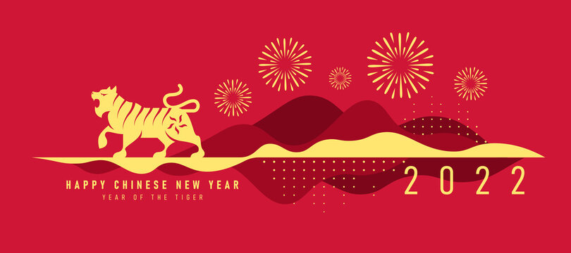 chinese new year 2022, year of the tiger banner with gold tiger zodia are roaring stand on abstract modren curve mountain and firework vector design
