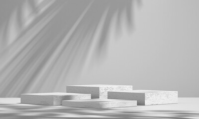 3D white product podium display with white background and tree shadow,summer product mockup background,3D render illustration