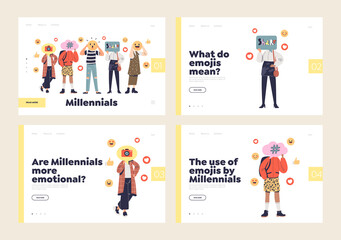 MIllennials and emoji sharing in social media concept of landing pages with people and emoticons