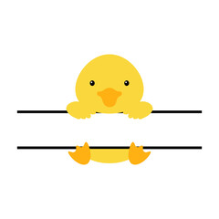 Cute duck split monogram. Funny cartoon character for shirt, scrapbooking, print, greeting cards, baby shower, invitation, home decor. Bright colored childish stock vector illustration.