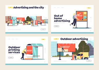 Installation of outdoor advertising posters mockup concept of set of landing pages templates