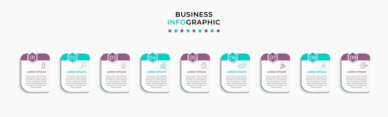 Vector Infographic design illustration business template with icons and 9 options or steps. Can be used for process diagram, presentations, workflow layout, banner, flow chart, info graph