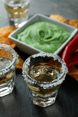 Party concept with tequila, guacamole and chips