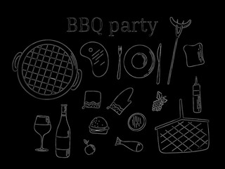 Barbecue grill hand drawn elements set isolated on white background. For the design of the menu of cafes and restaurants, shop windows related to the theme of grilled food. © Katisko