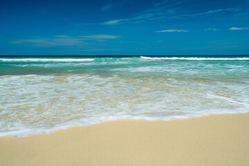 tropical landscape with sea waves and sand. Summer vacation and nature travel adventure concept.. Summer composition.