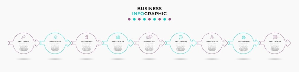 Vector Infographic design illustration business template with icons and 9 options or steps. Can be used for process diagram, presentations, workflow layout, banner, flow chart, info graph