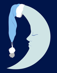 Moon with face and nightcap cute flat illustration - obrazy, fototapety, plakaty