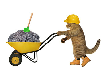 A beige cat builder in a construction helmet pushes a wheel barrow full of crushed stone. White background. Isolated.