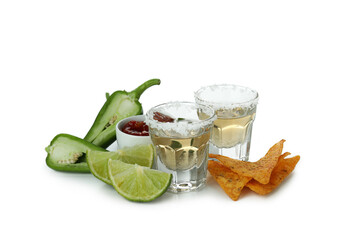 Party concept with tequila and chips isolated on white background