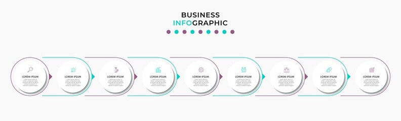 Vector Infographic design illustration business template with icons and 9 options or steps. Can be used for process diagram, presentations, workflow layout, banner, flow chart, info graph
