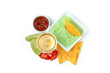 Party concept with tequila and chips isolated on white background