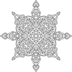 Hand drawn antistress snowflake. Template for cover, poster, t-shirt or tattoo. Winter coloring pages for adult art therapy. Vector illustration.