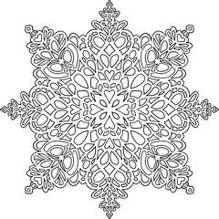 Hand drawn antistress snowflake. Template for cover, poster, t-shirt or tattoo. Winter coloring pages for adult art therapy. Vector illustration.
