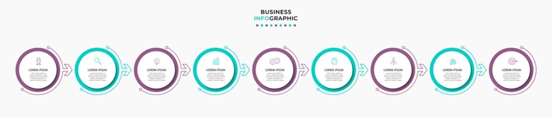 Vector Infographic design illustration business template with icons and 9 options or steps. Can be used for process diagram, presentations, workflow layout, banner, flow chart, info graph