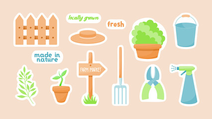 Natural farming gardening sticker. Household pitchfork and pruning shears. Fragment of rustic fence and bucket with spray bottle. Wooden signpost of farm shop and plant pots. Vector cartoon label