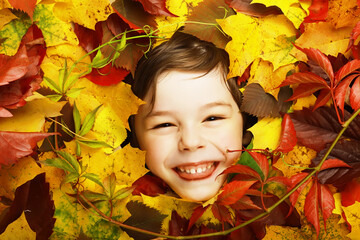 Artistic conceptual autumn boy portrait. Colorful leaves. Leaves of trees around an emotional face....