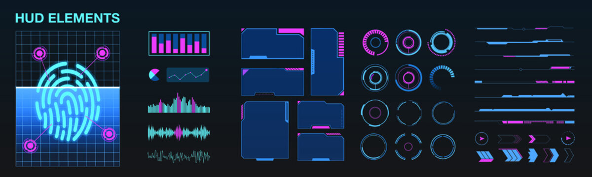 Cyberpunk Vector HUD Elements Set for Futuristic User Interface Abstract digital conceptual technology security check interface background and finger print scanning
