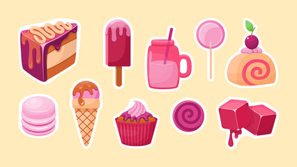 Cake and ice cream stickers. Sweet piece of cake with cream and sundae in cone. Fruit frosting cupcake and lollipop. Strawberry marshmallow cubes with milkshake in a cup with a straw. Vector cartoon