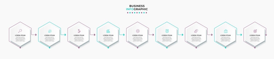 Vector Infographic design illustration business template with icons and 9 options or steps. Can be used for process diagram, presentations, workflow layout, banner, flow chart, info graph