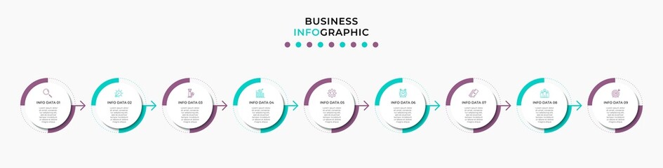 Vector Infographic design illustration business template with icons and 9 options or steps. Can be used for process diagram, presentations, workflow layout, banner, flow chart, info graph