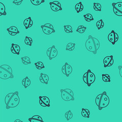 Black line Planet Saturn with planetary ring system icon isolated seamless pattern on green background. Vector