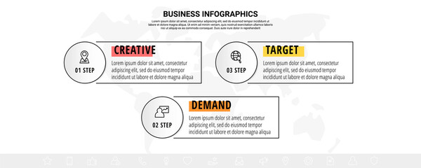 Fototapeta premium Business vector infographics with three line circles and labels. Timeline visualization with 3 steps for diagram, flowchart, banner, presentations, web, content, levels, chart, graph