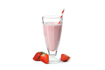 Glass of strawberry milkshake isolated on white background