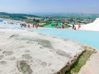 Travertines in Turkey. Calcite cliff of Pamukkale.