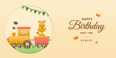 Fototapeta premium Cute giraffe, rabbit, fox on train birthday greeting card. jungle animals celebrate children's birthdays and template invitation paper and papercraft style vector illustration. Theme happy birthday.