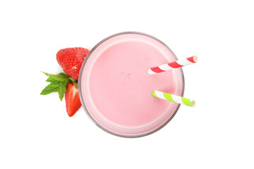 Glass of strawberry milkshake isolated on white background