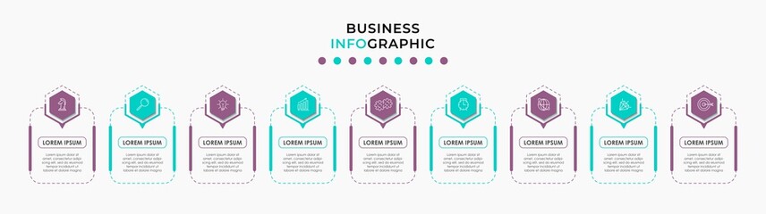 Vector Infographic design illustration business template with icons and 9 options or steps. Can be used for process diagram, presentations, workflow layout, banner, flow chart, info graph