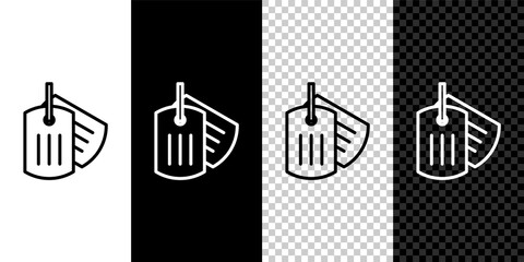 Set line Military dog tag icon isolated on black and white, transparent background. Identity tag icon. Army sign. Vector