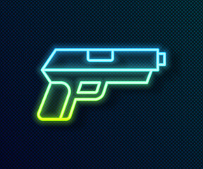 Glowing neon line Pistol or gun icon isolated on black background. Police or military handgun. Small firearm. Vector