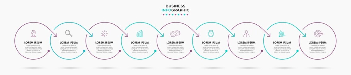 Obraz premium Vector Infographic design illustration business template with icons and 9 options or steps. Can be used for process diagram, presentations, workflow layout, banner, flow chart, info graph