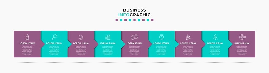 Vector Infographic design illustration business template with icons and 9 options or steps. Can be used for process diagram, presentations, workflow layout, banner, flow chart, info graph