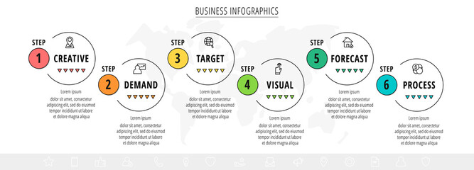 Vector minimal line infographics with circles. Business concept 6 steps by step for diagram, chart, web, graphic