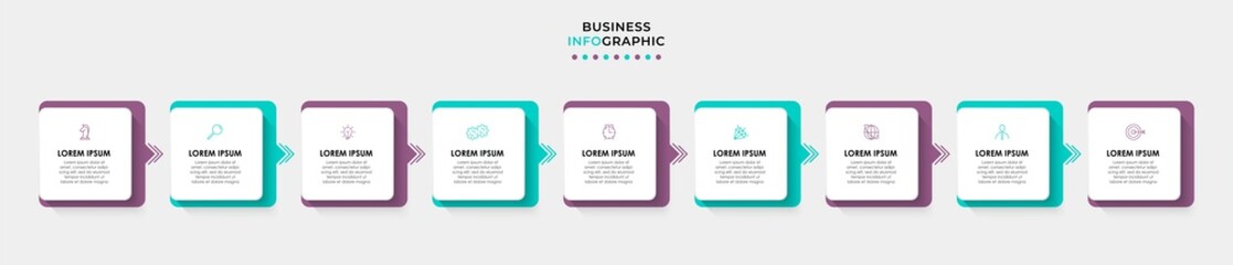 Obraz premium Vector Infographic design illustration business template with icons and 9 options or steps. Can be used for process diagram, presentations, workflow layout, banner, flow chart, info graph