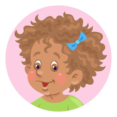 Cute African American little girl avatar icon. In a pink circle. In cartoon style. Isolated on white background. Vector illustration