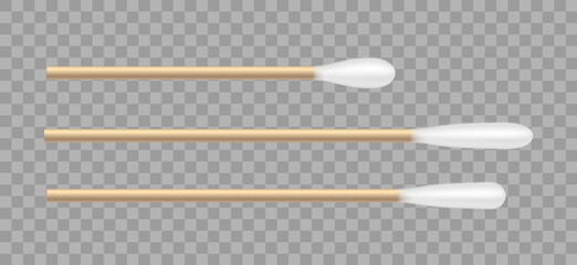 Set of cotton buds or swabs on wooden stick isolated on transparent background