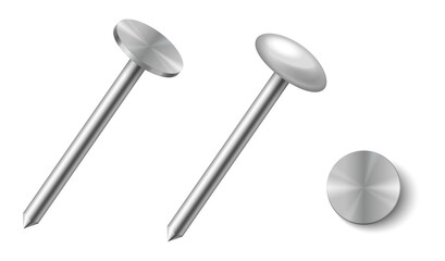 New metal nails set. Chrome steel building hardware with gray circle cap. Stainless metallic tools