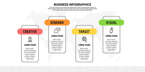 Four line rectangular elements in horizontal row. Vector modern infographic design template. Concept of 4 steps of business chart. Square illustration for diagram, process visualization, presentation