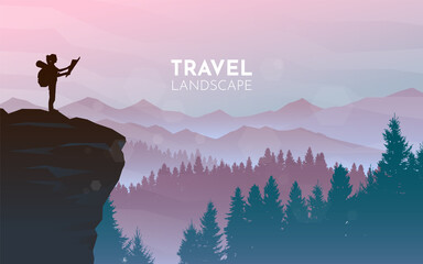 The girl on top of the mountain looks at the map. Hiking. Adventure. Travel concept of discovering, exploring and observing nature. Polygonal minimalist graphic flat design. Vector illustration.