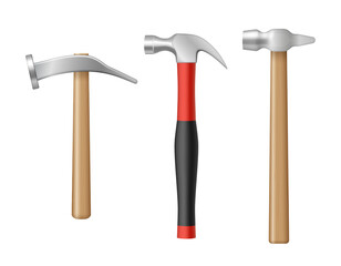 Realistic claw hammers set with rubber and wooden handle. Collection of carpenter workers instrument