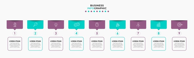 Vector Infographic design illustration business template with icons and 9 options or steps. Can be used for process diagram, presentations, workflow layout, banner, flow chart, info graph