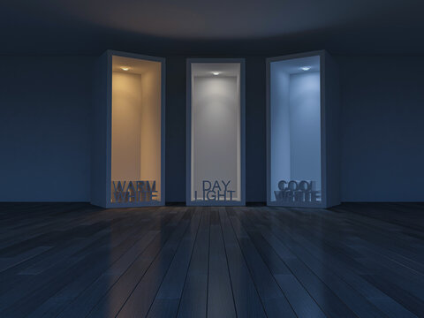 3D rendering image of 3 boxes which different light effect.