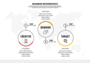 Business vector infographics with three line circles. Timeline visualization with 3 steps for diagram, flowchart, banner, presentations, web, content, levels, chart, graphic