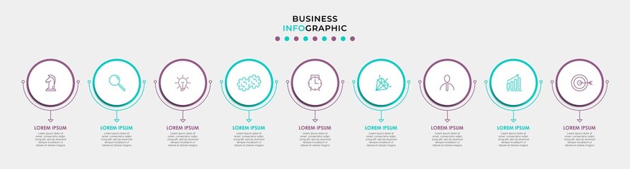 Vector Infographic design illustration business template with icons and 9 options or steps. Can be used for process diagram, presentations, workflow layout, banner, flow chart, info graph