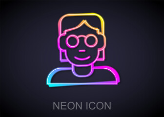 Glowing neon line Hacker or coder icon isolated on black background. Programmer developer working on code, coding, testing, debugging, analysing. Vector